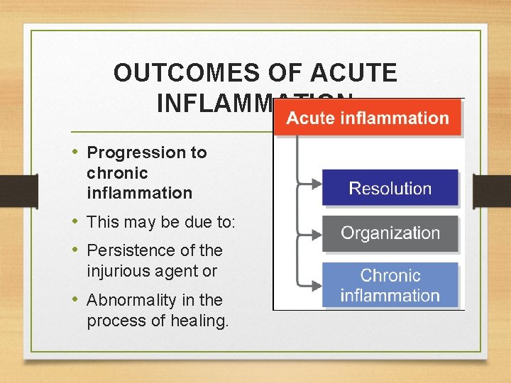 OUTCOMES OF ACUTE INFLAMMATION • Progression to chronic inflammation • This may be due