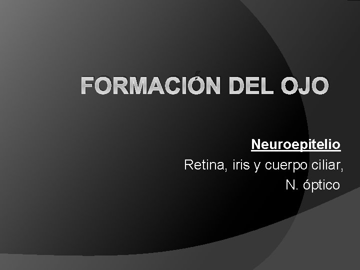 FORMACIÓN DEL OJO Neuroepitelio Retina, iris y cuerpo ciliar, N. óptico 