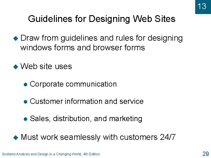 13 Guidelines for Designing Web Sites u Draw from guidelines and rules for designing