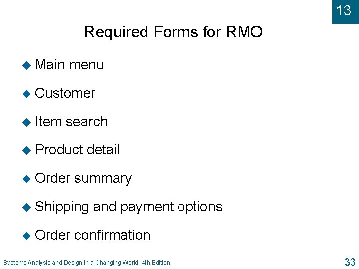 13 Required Forms for RMO u Main menu u Customer u Item search u