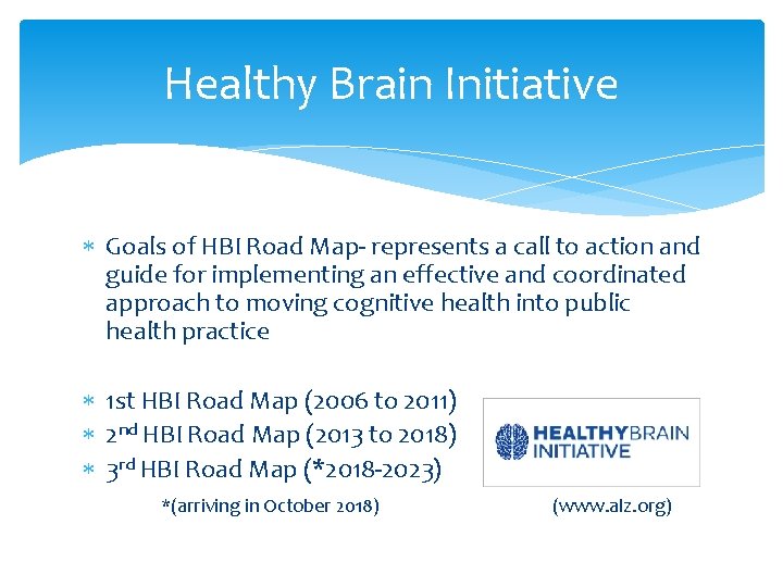 Healthy Brain Initiative Goals of HBI Road Map- represents a call to action and