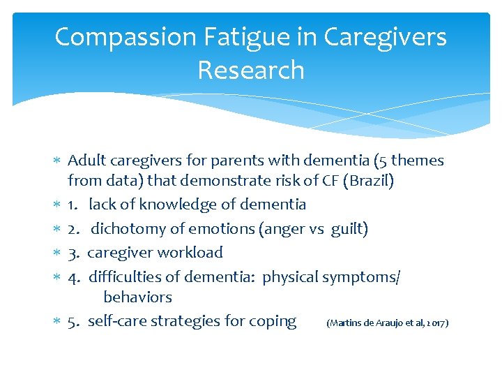 Compassion Fatigue in Caregivers Research Adult caregivers for parents with dementia (5 themes from