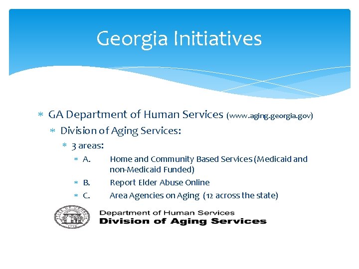 Georgia Initiatives GA Department of Human Services (www. aging. georgia. gov) Division of Aging