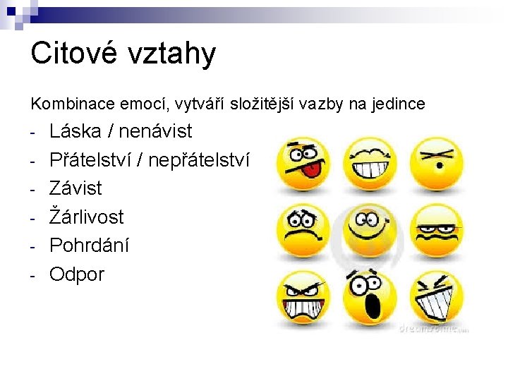Citové vztahy Kombinace emocí, vytváří složitější vazby na jedince - Láska / nenávist Přátelství