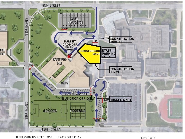 CONSTRUCTION BARRIER PARENT DROP OFF CONSTRUCTIONSTAFF ZONE PARKING ONLY CONSTRUCTION FENCE BUS DROP OFF