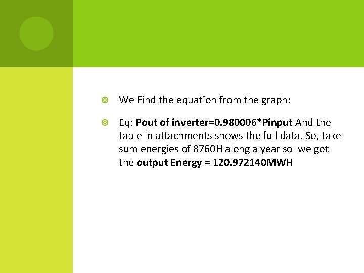  We Find the equation from the graph: Eq: Pout of inverter=0. 980006*Pinput And