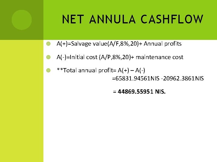 NET ANNULA CASHFLOW A(+)=Salvage value(A/F, 8%, 20)+ Annual profits A(-)=Initial cost (A/P, 8%, 20)+