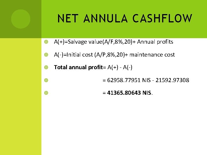 NET ANNULA CASHFLOW A(+)=Salvage value(A/F, 8%, 20)+ Annual profits A(-)=Initial cost (A/P, 8%, 20)+