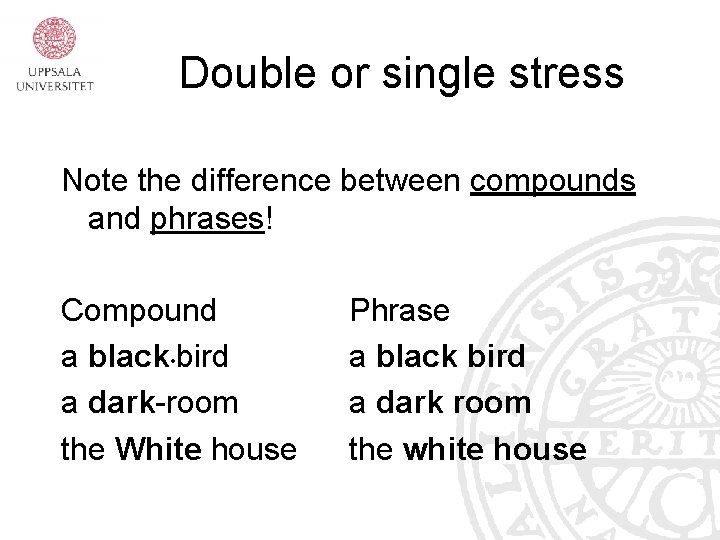 Double or single stress Note the difference between compounds and phrases! Compound a black