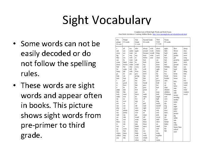 Sight Vocabulary • Some words can not be easily decoded or do not follow Sight Vocabulary • Some words can not be easily decoded or do not follow