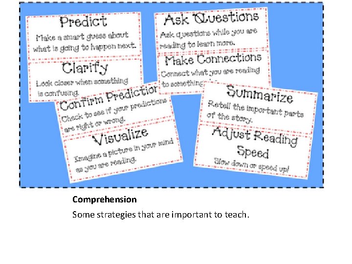 Comprehension Some strategies that are important to teach. Comprehension Some strategies that are important to teach.