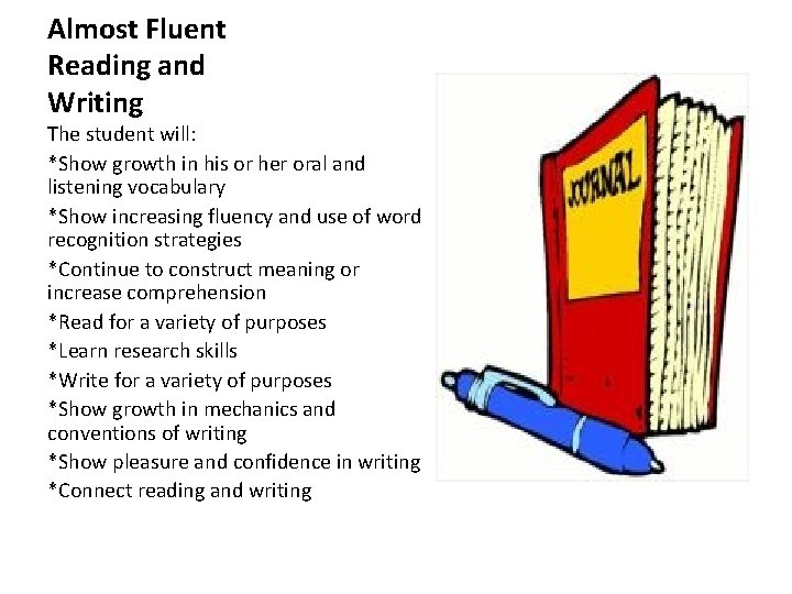 Almost Fluent Reading and Writing The student will: *Show growth in his or her Almost Fluent Reading and Writing The student will: *Show growth in his or her