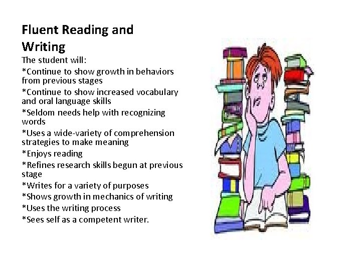 Fluent Reading and Writing The student will: *Continue to show growth in behaviors from Fluent Reading and Writing The student will: *Continue to show growth in behaviors from