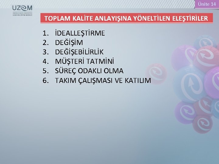 Ünite 14 TOPLAM KALİTE ANLAYIŞINA YÖNELTİLEN ELEŞTİRİLER 1. 2. 3. 4. 5. 6. İDEALLEŞTİRME