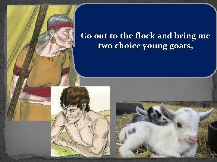 Go out to the flock and bring me two choice young goats, 
