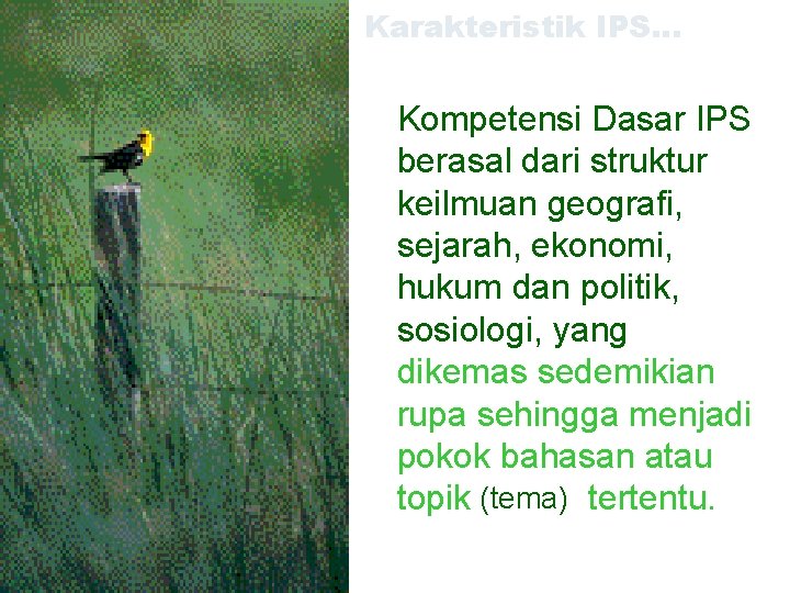 Karakteristik IPS… Kompetensi Dasar IPS berasal dari struktur keilmuan geografi, sejarah, ekonomi, hukum dan