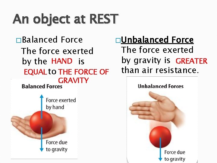 An object at REST � Balanced Force The force exerted by the HAND is