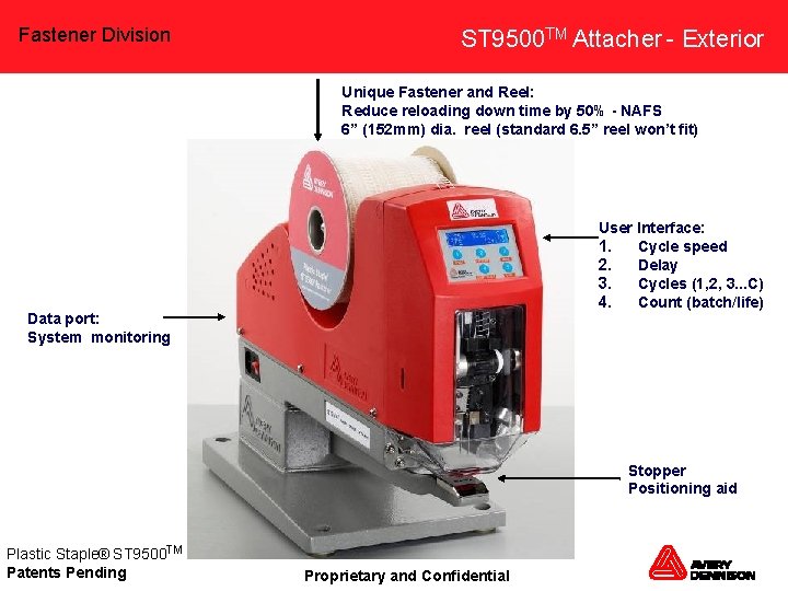 Fastener Division ST 9500 TM Attacher - Exterior Unique Fastener and Reel: Reduce reloading