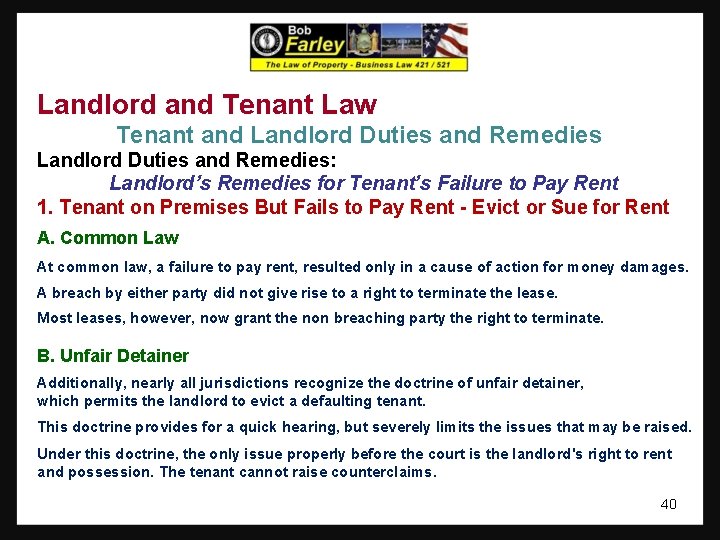 Landlord and Tenant Law Tenant and Landlord Duties and Remedies: Landlord’s Remedies for Tenant’s