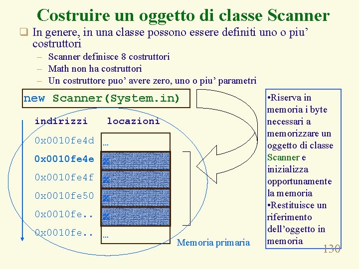 Costruire un oggetto di classe Scanner q In genere, in una classe possono essere