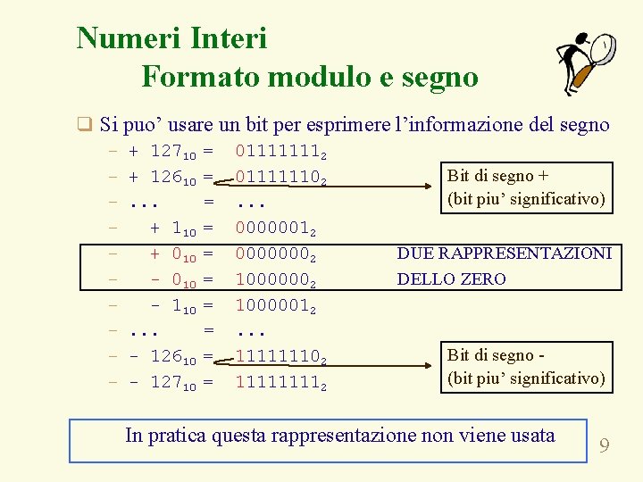 Numeri Interi Formato modulo e segno q Si puo’ usare un bit per esprimere