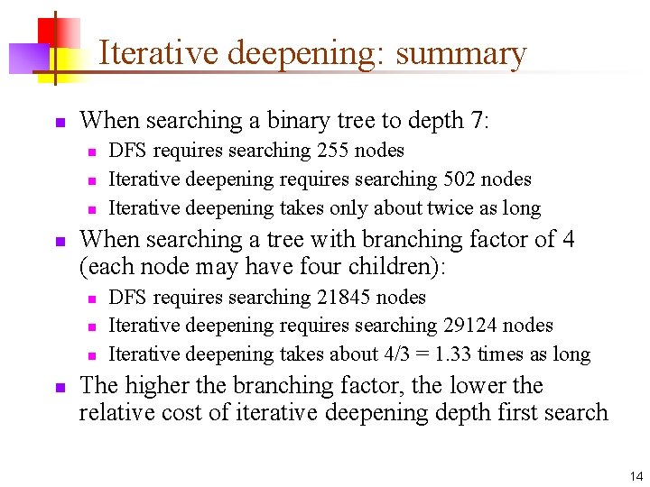 Iterative deepening: summary n When searching a binary tree to depth 7: n n