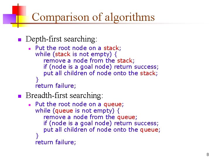 Comparison of algorithms n Depth-first searching: n n Put the root node on a