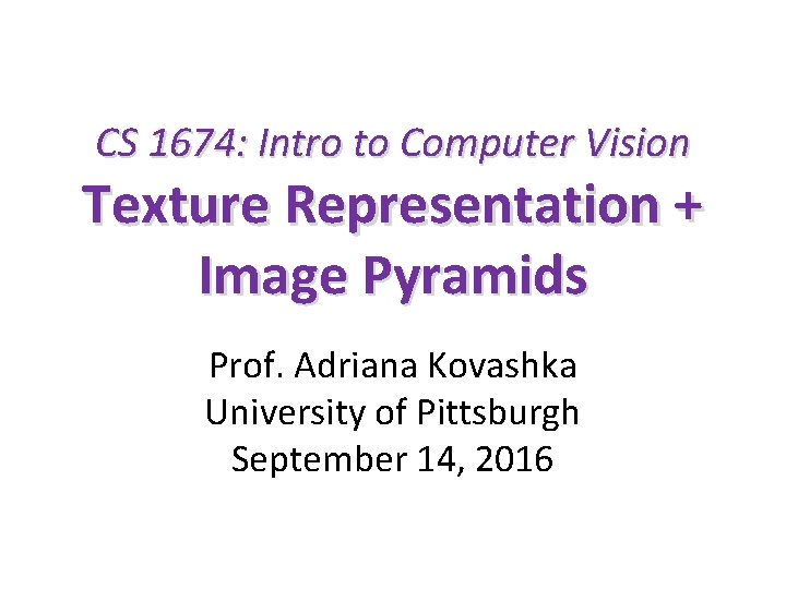 CS 1674: Intro to Computer Vision Texture Representation + Image Pyramids Prof. Adriana Kovashka