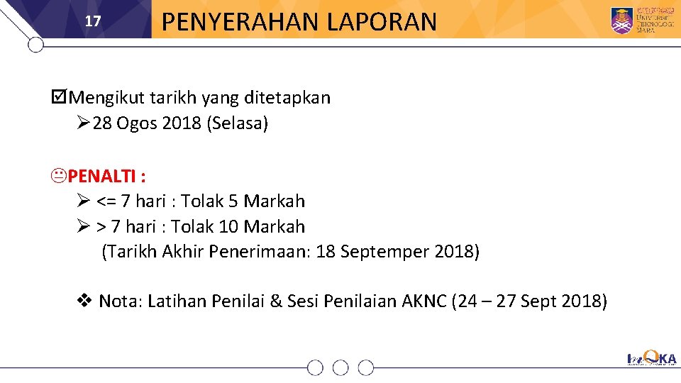 17 PENYERAHAN LAPORAN Mengikut tarikh yang ditetapkan 28 Ogos 2018 (Selasa) KPENALTI : <=