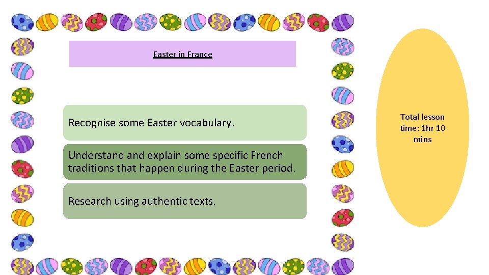Easter in France Recognise some Easter vocabulary. Understand explain some specific French traditions that