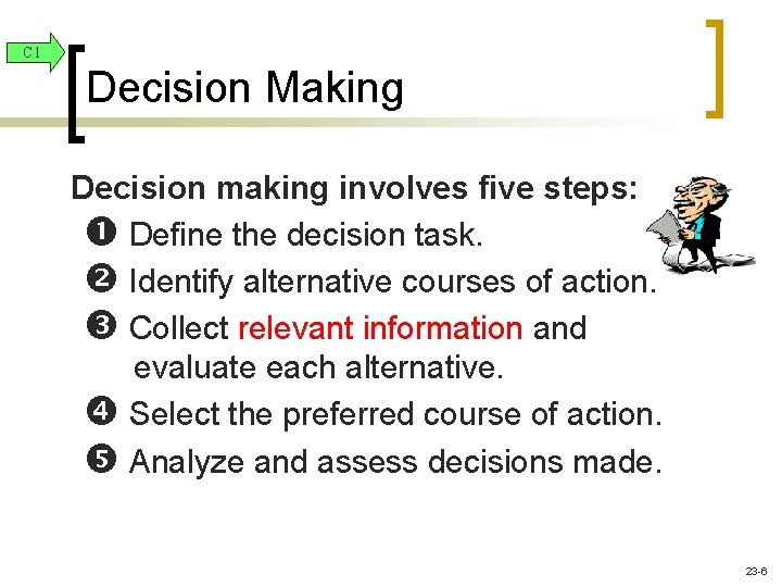 C 1 Decision Making Decision making involves five steps: Define the decision task. Identify