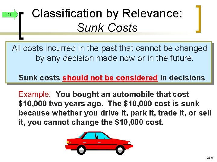C 1 Classification by Relevance: Sunk Costs All costs incurred in the past that
