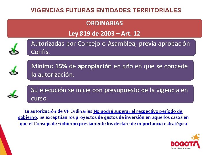 VIGENCIAS FUTURAS ENTIDADES TERRITORIALES ORDINARIAS Ley 819 de 2003 – Art. 12 Autorizadas por