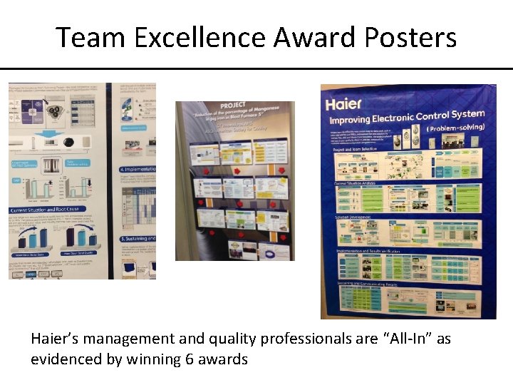 Team Excellence Award Posters Haier’s management and quality professionals are “All-In” as evidenced by