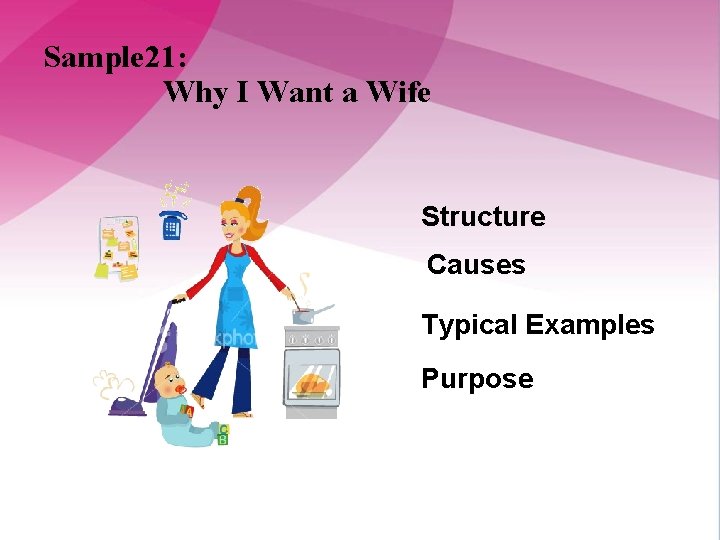 Sample 21: Why I Want a Wife Structure Causes Typical Examples Purpose 