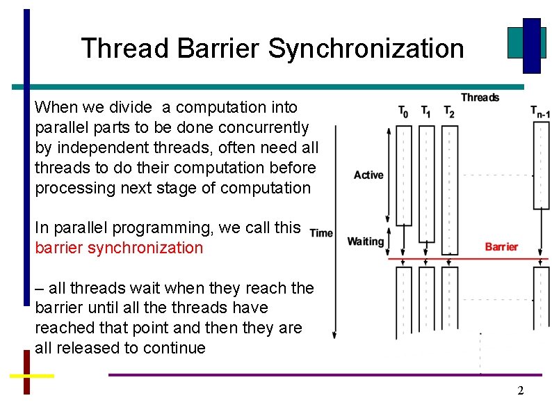 Thread Barrier Synchronization When we divide a computation into parallel parts to be done