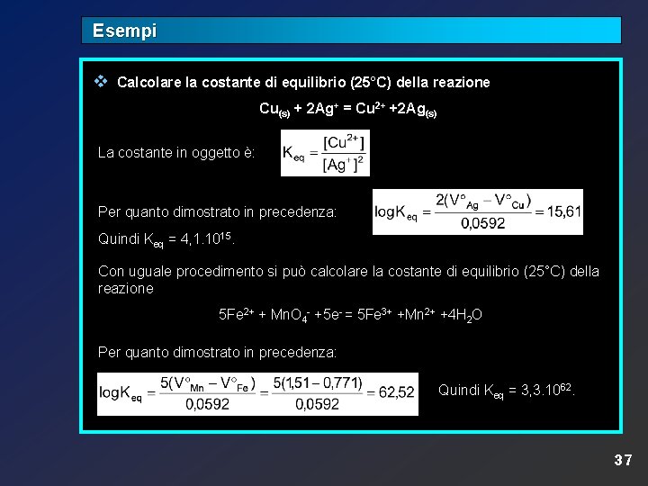Esempi v Calcolare la costante di equilibrio (25°C) della reazione Cu(s) + 2 Ag+