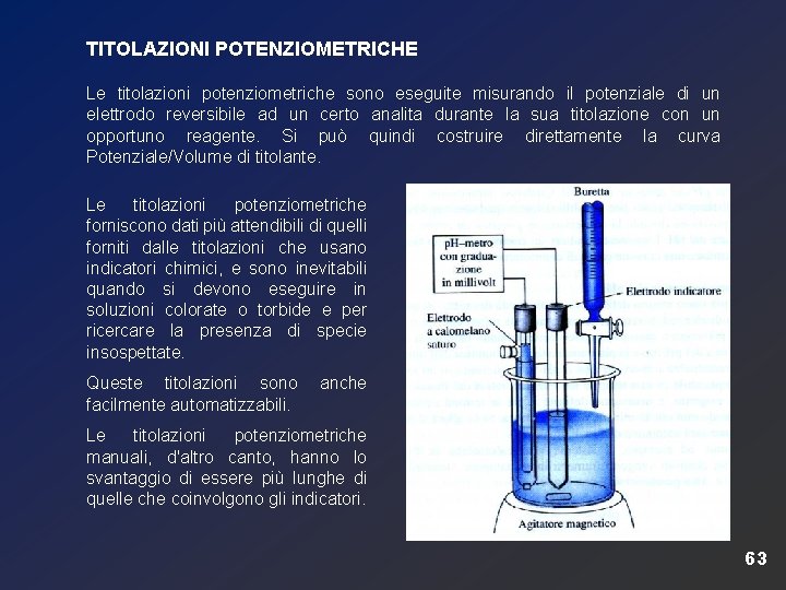 TITOLAZIONI POTENZIOMETRICHE Le titolazioni potenziometriche sono eseguite misurando il potenziale di un elettrodo reversibile