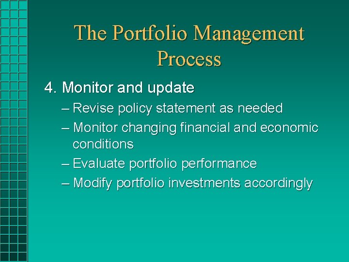 The Portfolio Management Process 4. Monitor and update – Revise policy statement as needed