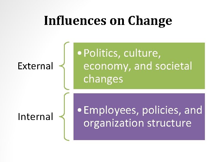 Influences on Change External • Politics, culture, economy, and societal changes Internal • Employees,