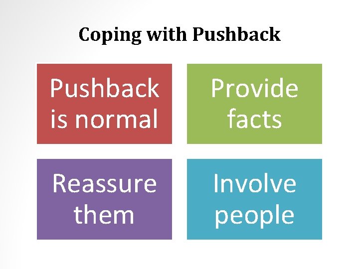 Coping with Pushback is normal Provide facts Reassure them Involve people 