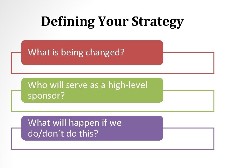 Defining Your Strategy What is being changed? Who will serve as a high-level sponsor?