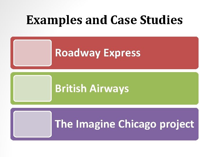 Examples and Case Studies Roadway Express British Airways The Imagine Chicago project 