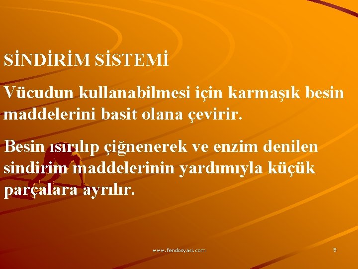 SİNDİRİM SİSTEMİ Vücudun kullanabilmesi için karmaşık besin maddelerini basit olana çevirir. Besin ısırılıp çiğnenerek