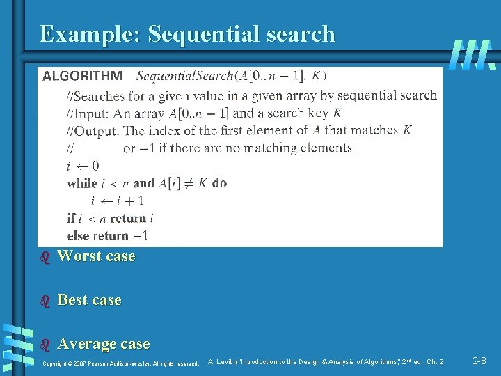 Example: Sequential search b Worst case b Best case b Average case Copyright ©