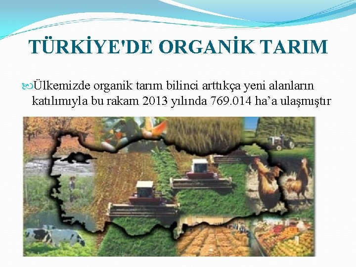TÜRKİYE'DE ORGANİK TARIM Ülkemizde organik tarım bilinci arttıkça yeni alanların katılımıyla bu rakam 2013