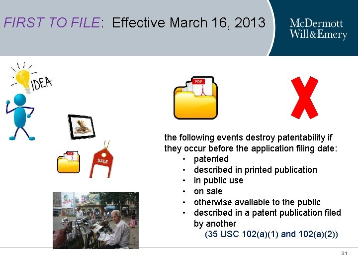 FIRST TO FILE: Effective March 16, 2013 the following events destroy patentability if they