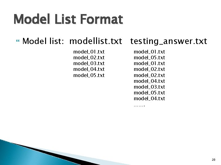 Model List Format Model list: modellist. txt testing_answer. txt model_01. txt model_02. txt model_03.