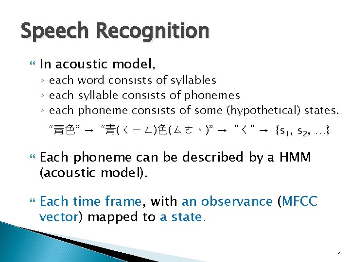 Speech Recognition In acoustic model, ◦ each word consists of syllables ◦ each syllable