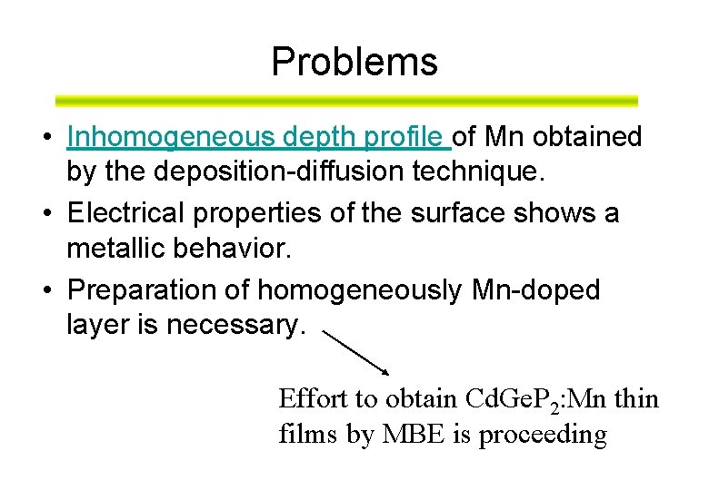 Problems • Inhomogeneous depth profile of Mn obtained by the deposition-diffusion technique. • Electrical